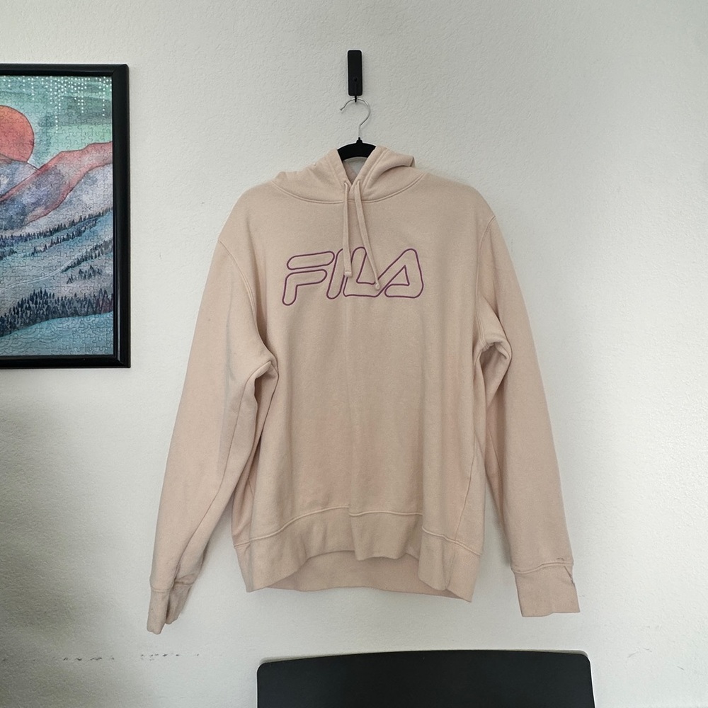 FILA MEN’S XXL BEIGE HOODIE PULLOVER PURPLE OUTLINE LOGO FLEECE SWEATSHIRT